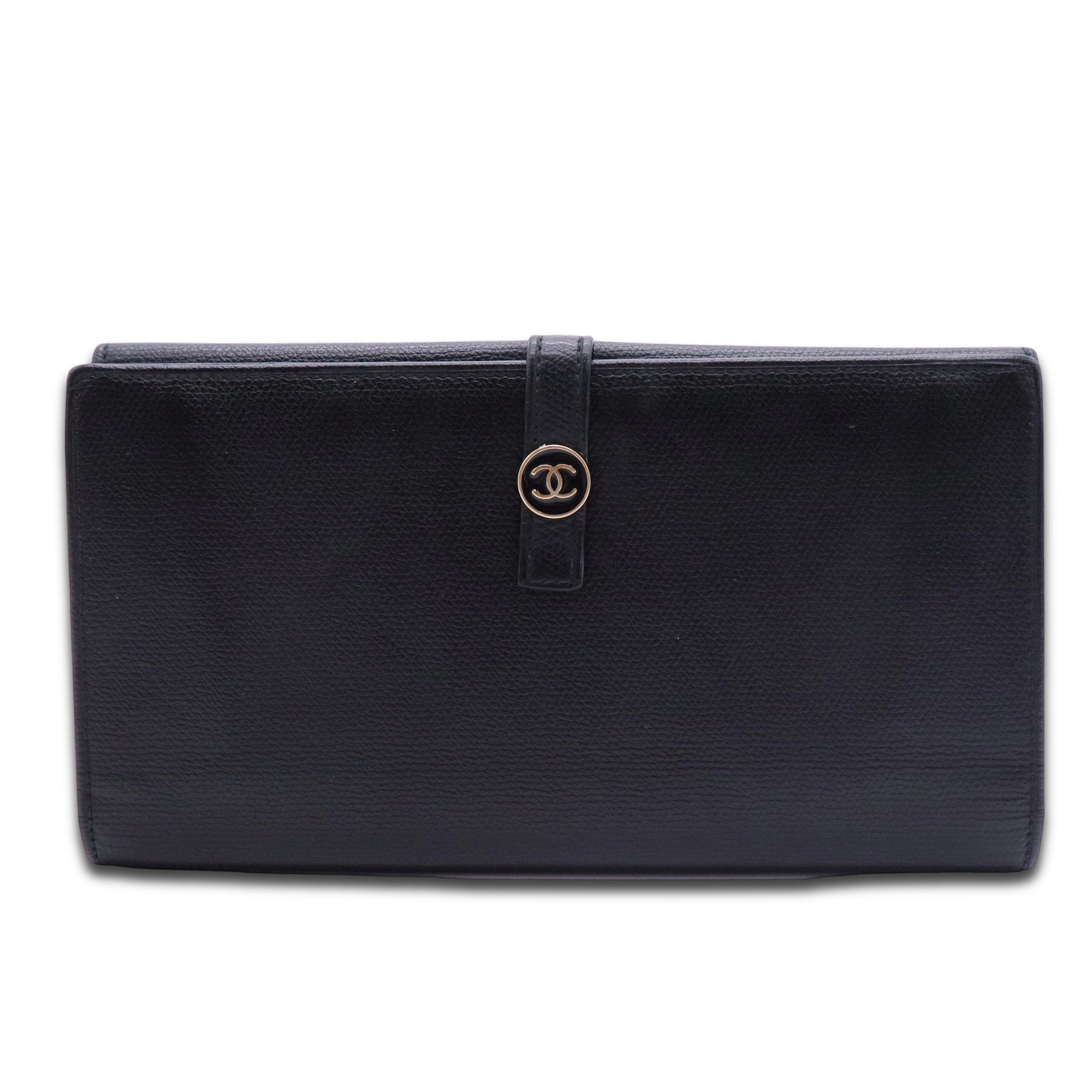 Grained Calfskin CC Button Long Wallet Black
