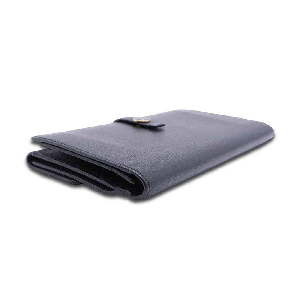 Grained Calfskin CC Button Long Wallet Black