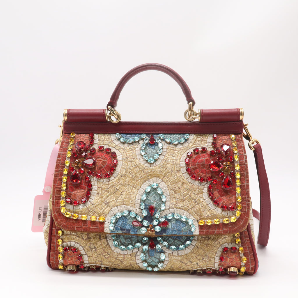 Dolce & Gabbana Multicolor Embroidered and Python Crystal Medium Miss Sicily Top Handle Bag twins LDJ4865