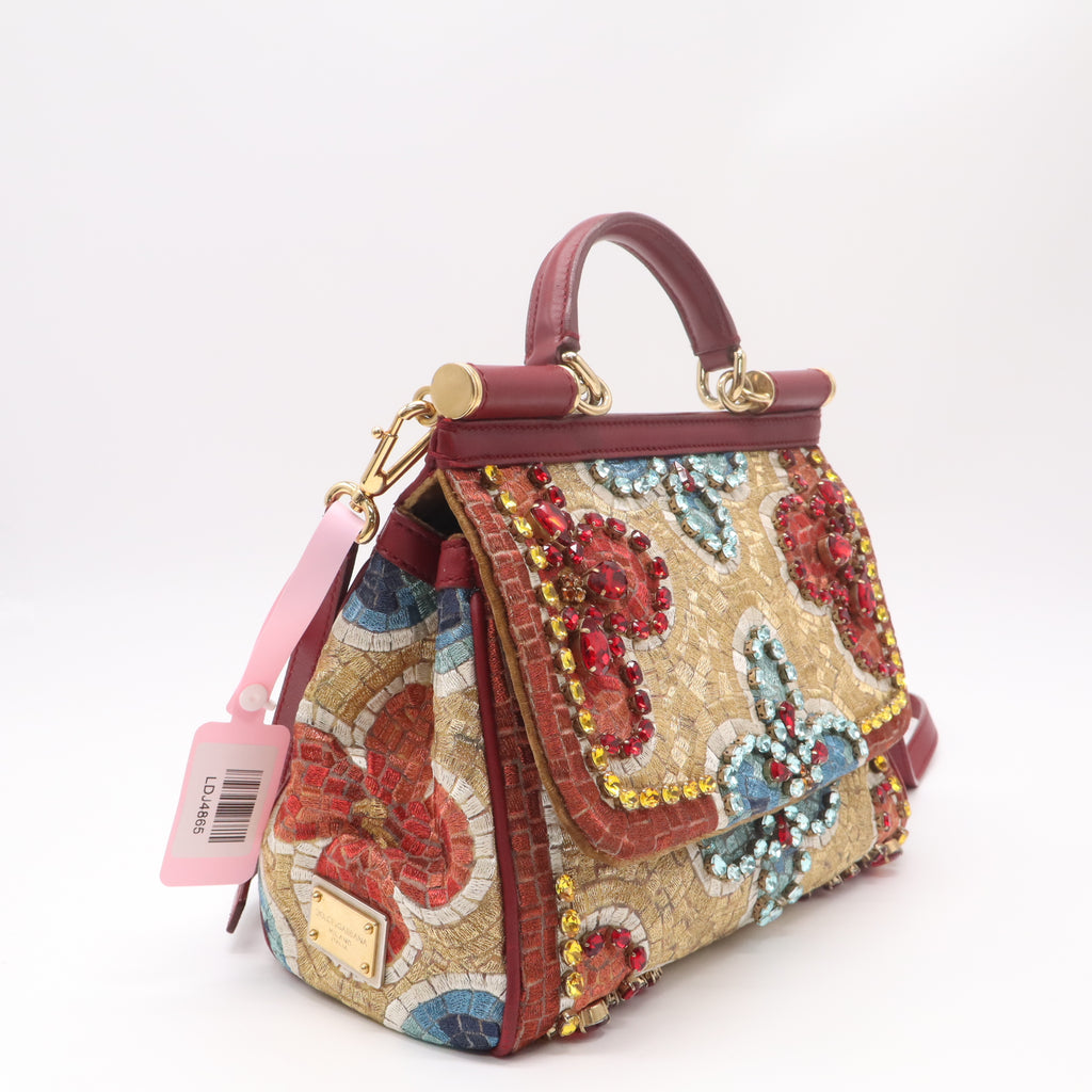 Dolce & Gabbana Multicolor Embroidered and Python Crystal Medium Miss Sicily Top Handle Bag twins LDJ4865