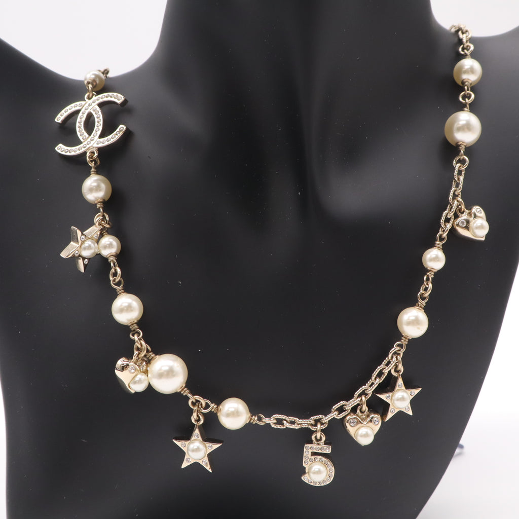 Chanel Crystal Pearl Star 5 CC Necklace Gold twins LDJ4870