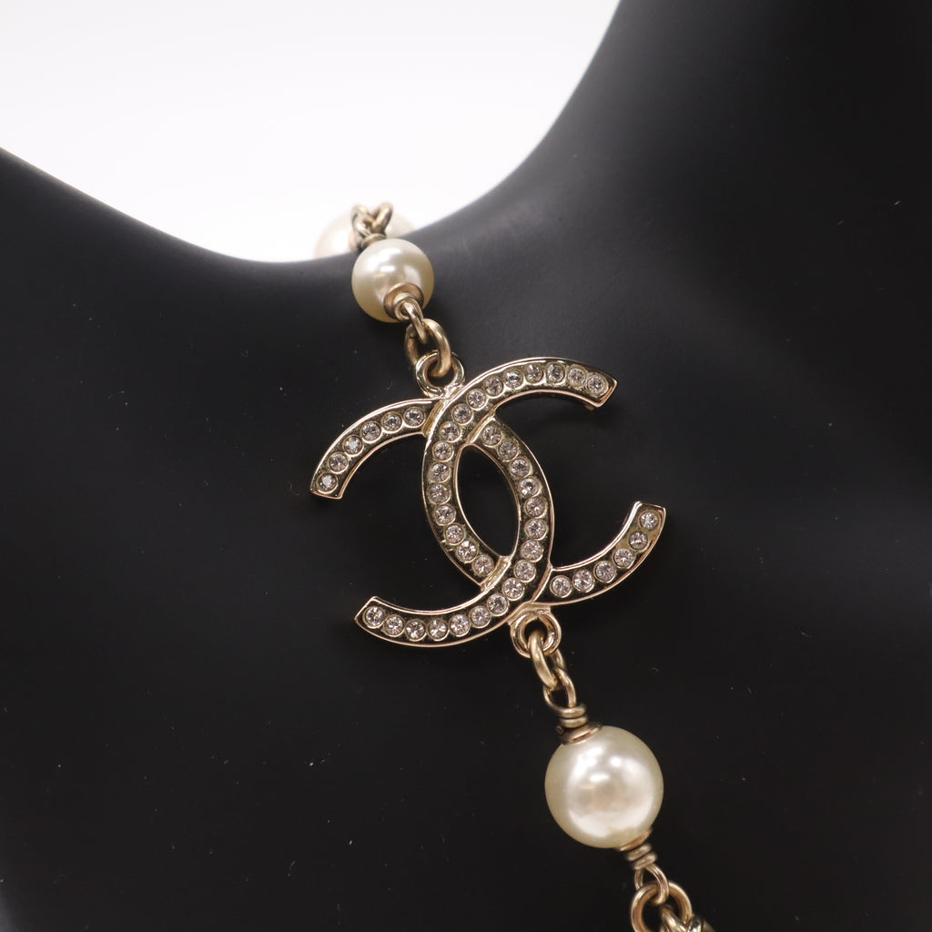 Chanel Crystal Pearl Star 5 CC Necklace Gold twins LDJ4870