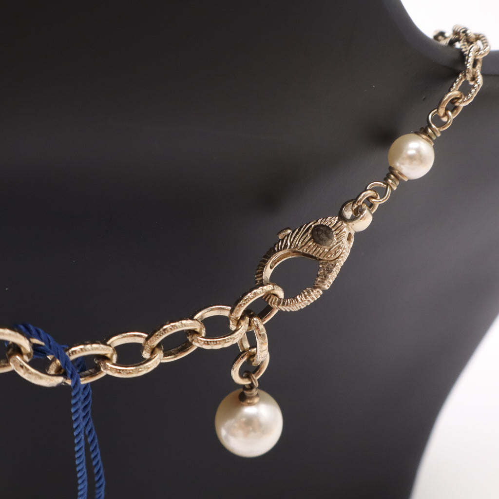 Chanel Crystal Pearl Star 5 CC Necklace Gold twins LDJ4870