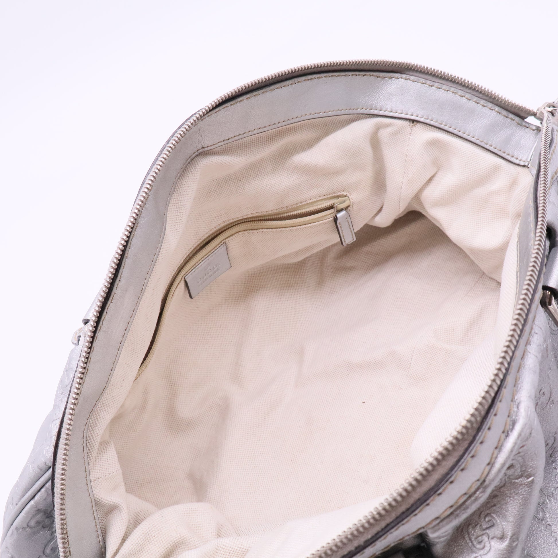 Gucci Silver Gray Metallic Guccisima Leather Convertible Sukey Bowler Bag