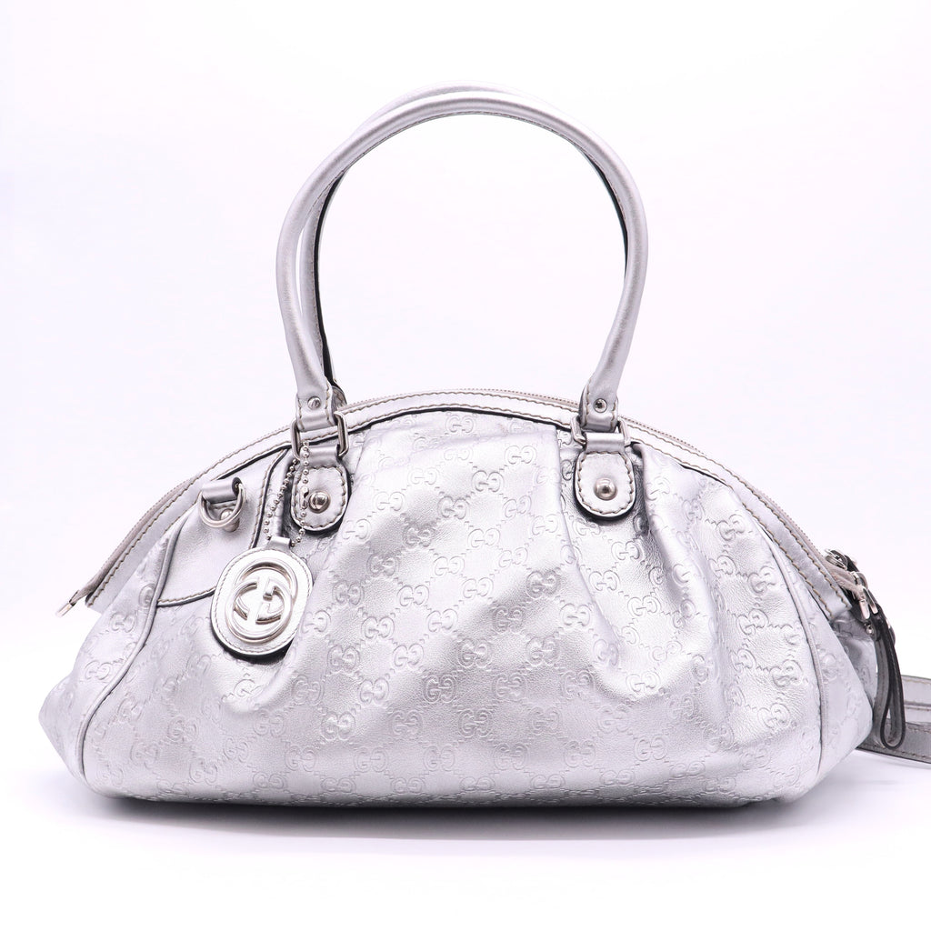 Gucci Silver Gray Metallic Guccisima Leather Convertible Sukey Bowler Bag