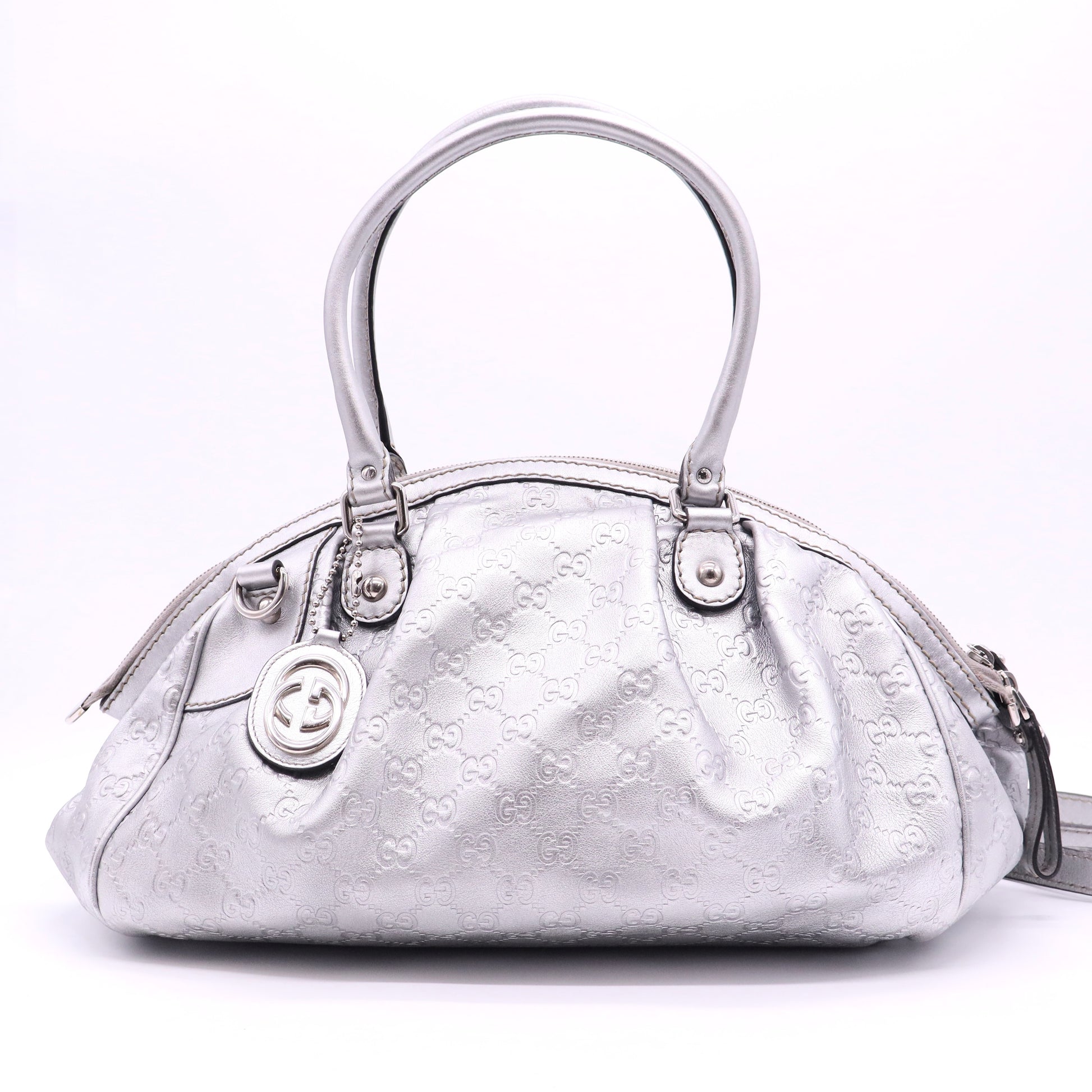 Gucci Silver Gray Metallic Guccisima Leather Convertible Sukey Bowler Bag