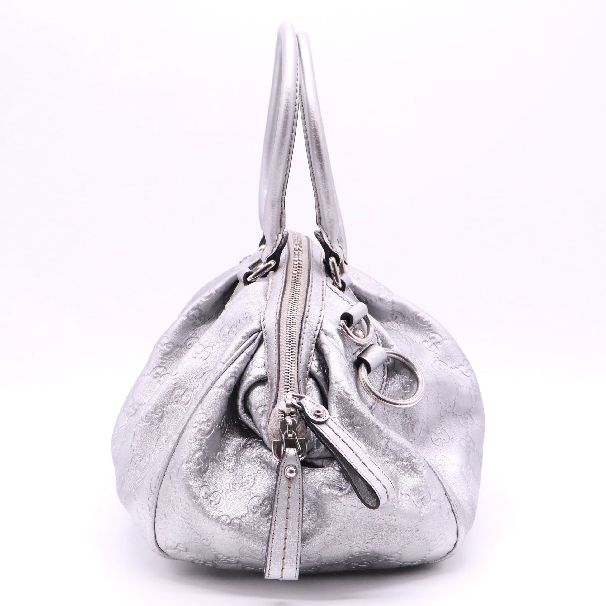 Gucci Silver Gray Metallic Guccisima Leather Convertible Sukey Bowler Bag