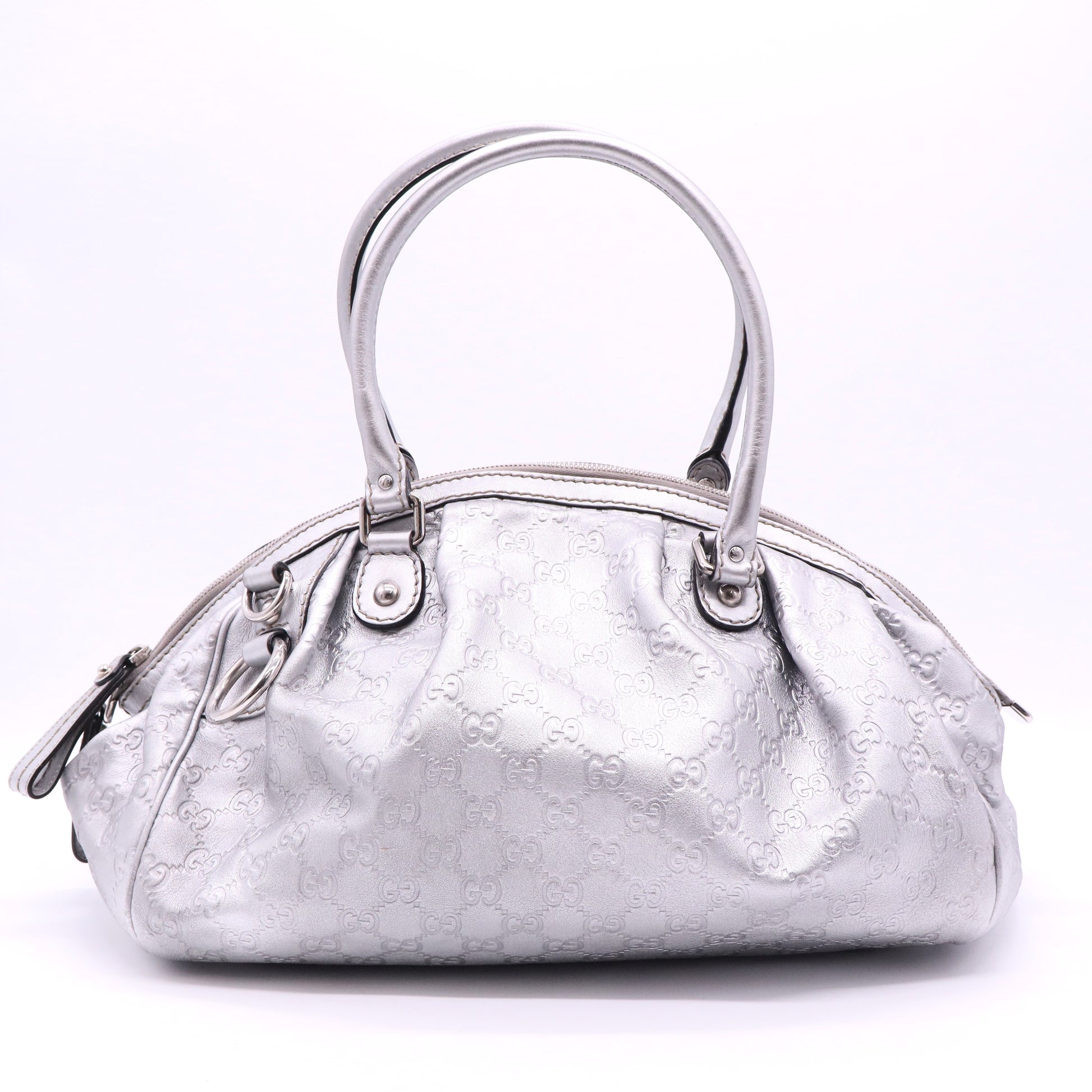 Gucci Silver Gray Metallic Guccisima Leather Convertible Sukey Bowler Bag