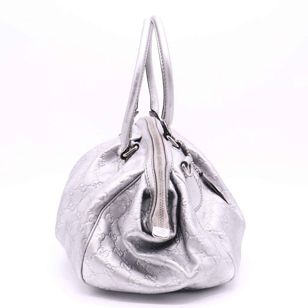 Gucci Silver Gray Metallic Guccisima Leather Convertible Sukey Bowler Bag
