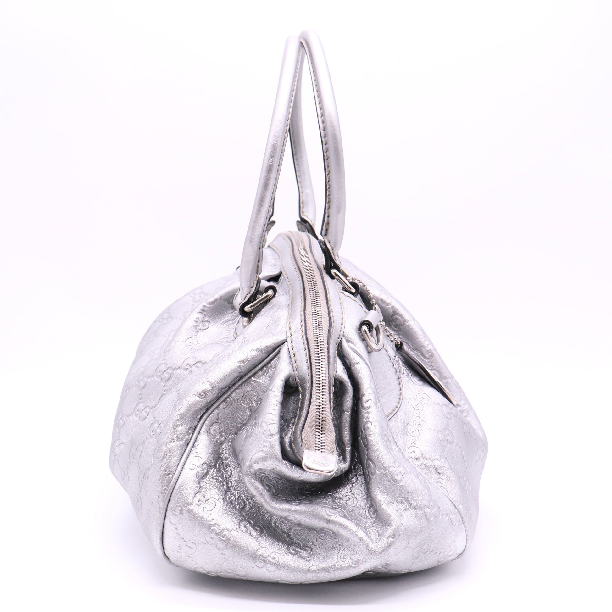 Gucci Silver Gray Metallic Guccisima Leather Convertible Sukey Bowler Bag