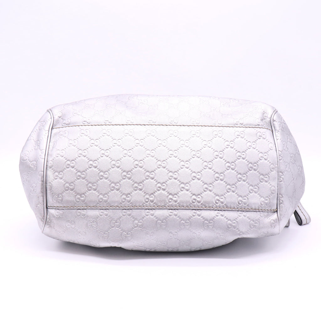 Gucci Silver Gray Metallic Guccisima Leather Convertible Sukey Bowler Bag