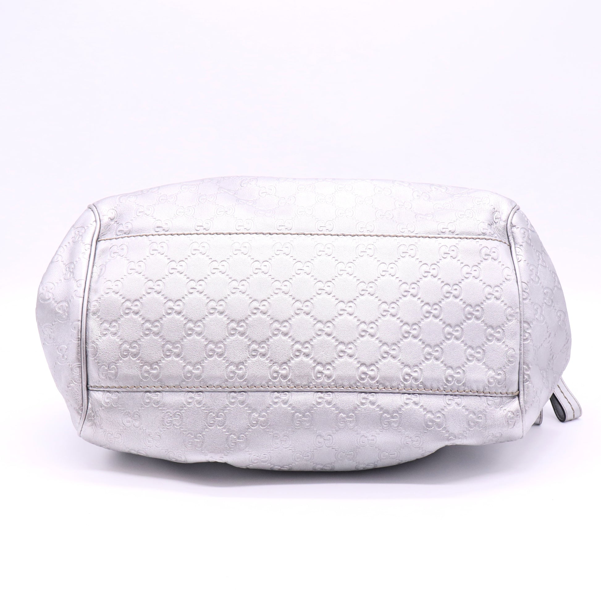 Gucci Silver Gray Metallic Guccisima Leather Convertible Sukey Bowler Bag