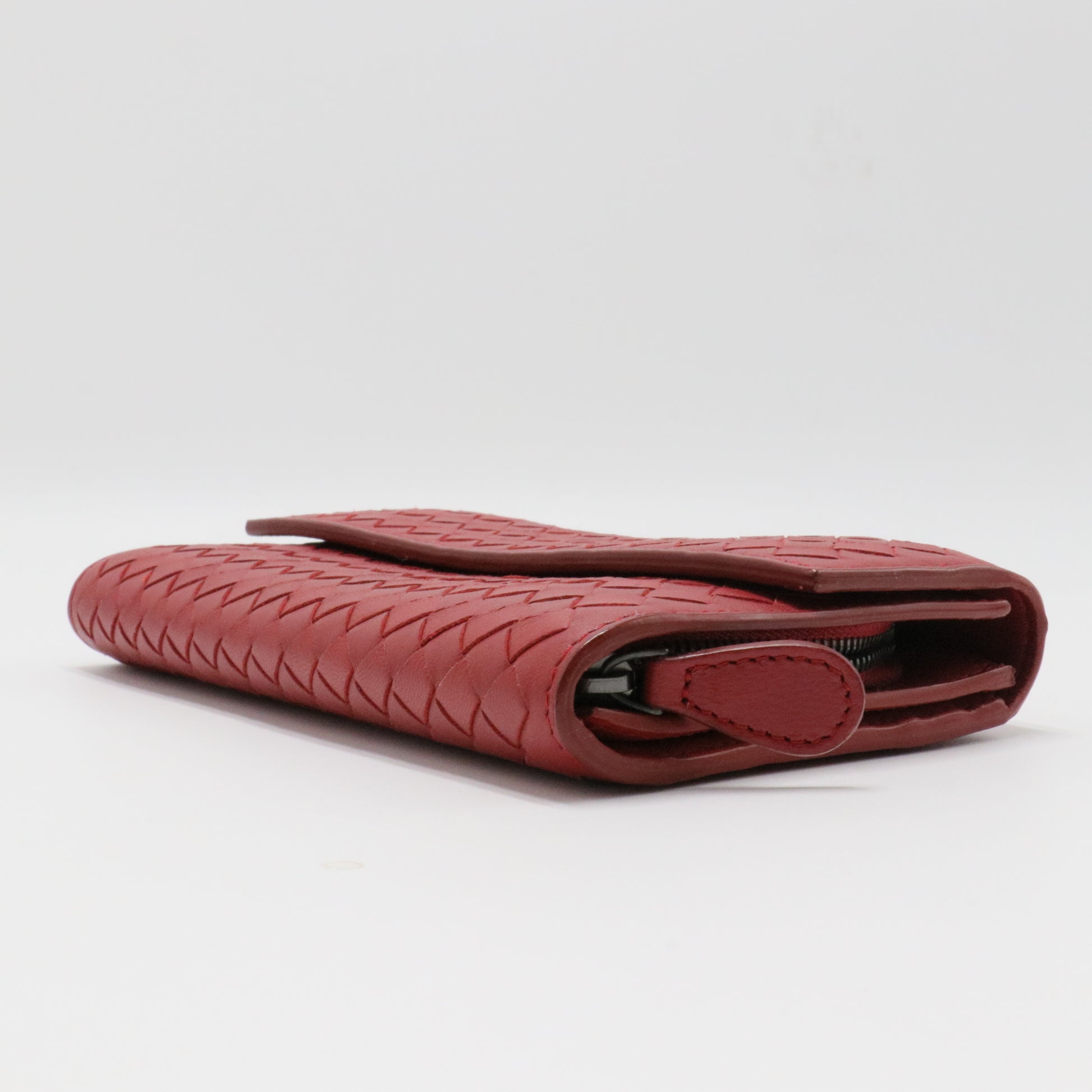 Red Intrecciato Leather Flap Continental Wallet