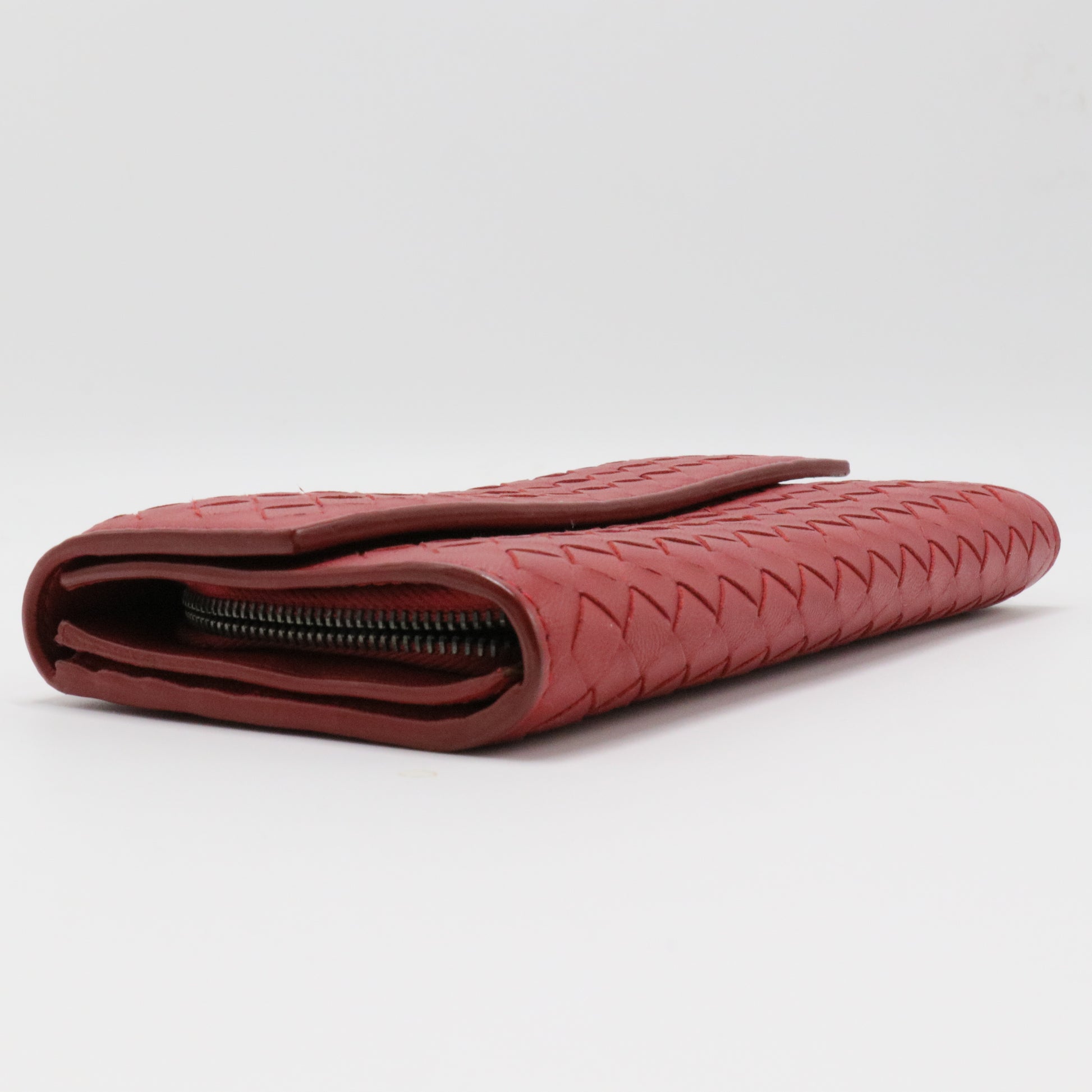 Red Intrecciato Leather Flap Continental Wallet