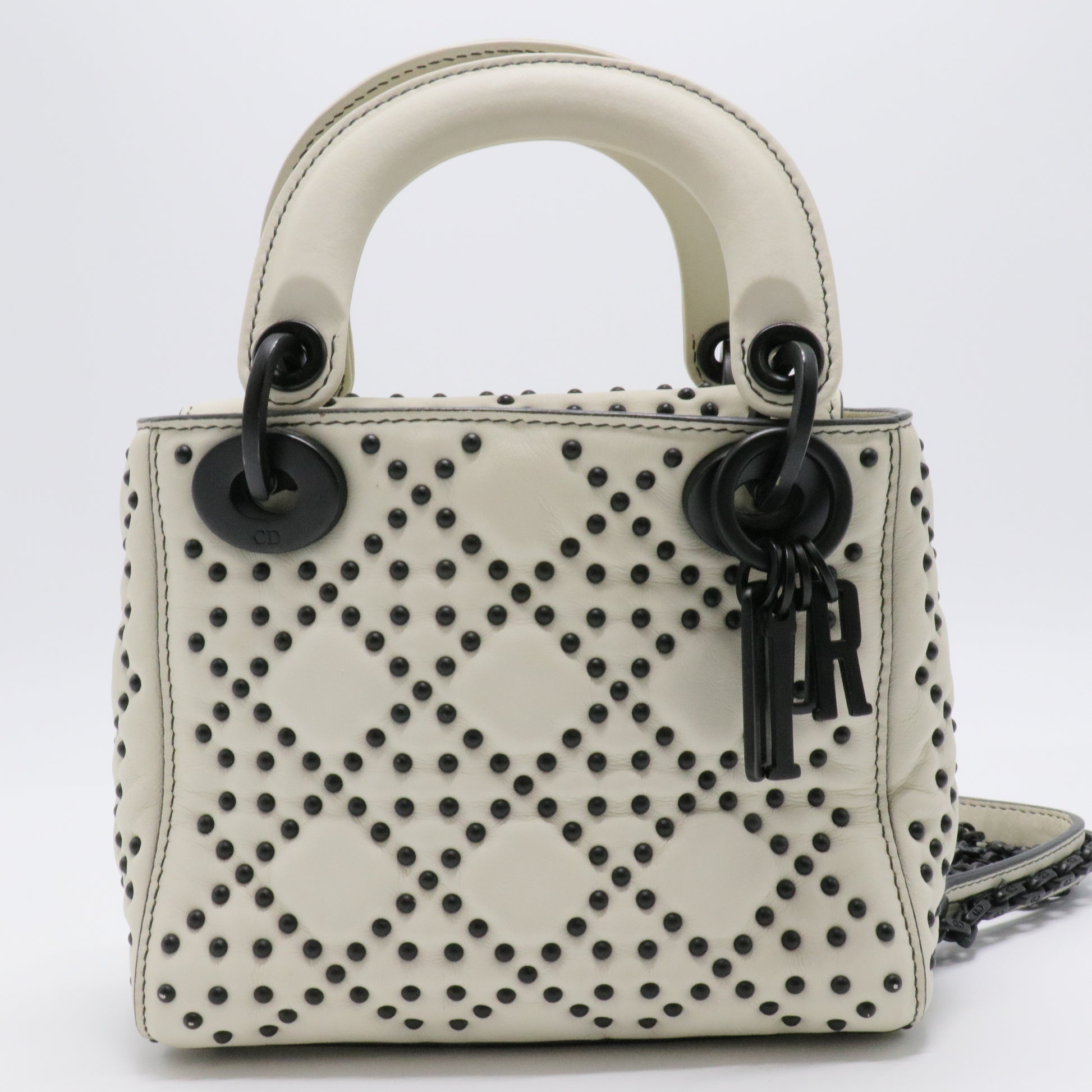 White Leather Studded Cannage Mini Lady Dior Tote