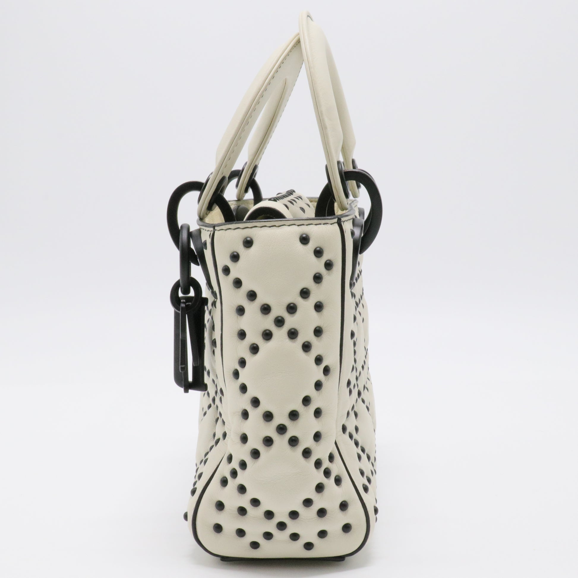 White Leather Studded Cannage Mini Lady Dior Tote