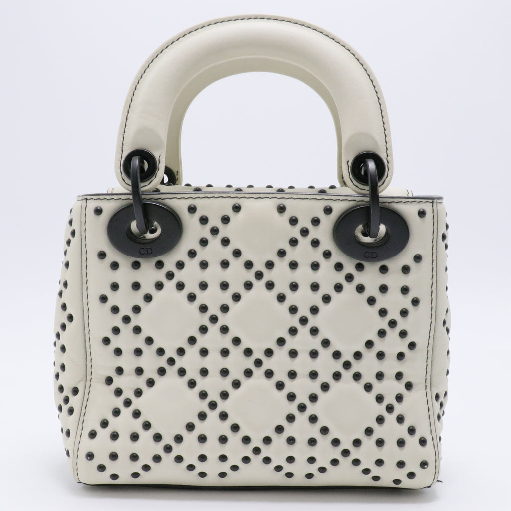 White Leather Studded Cannage Mini Lady Dior Tote