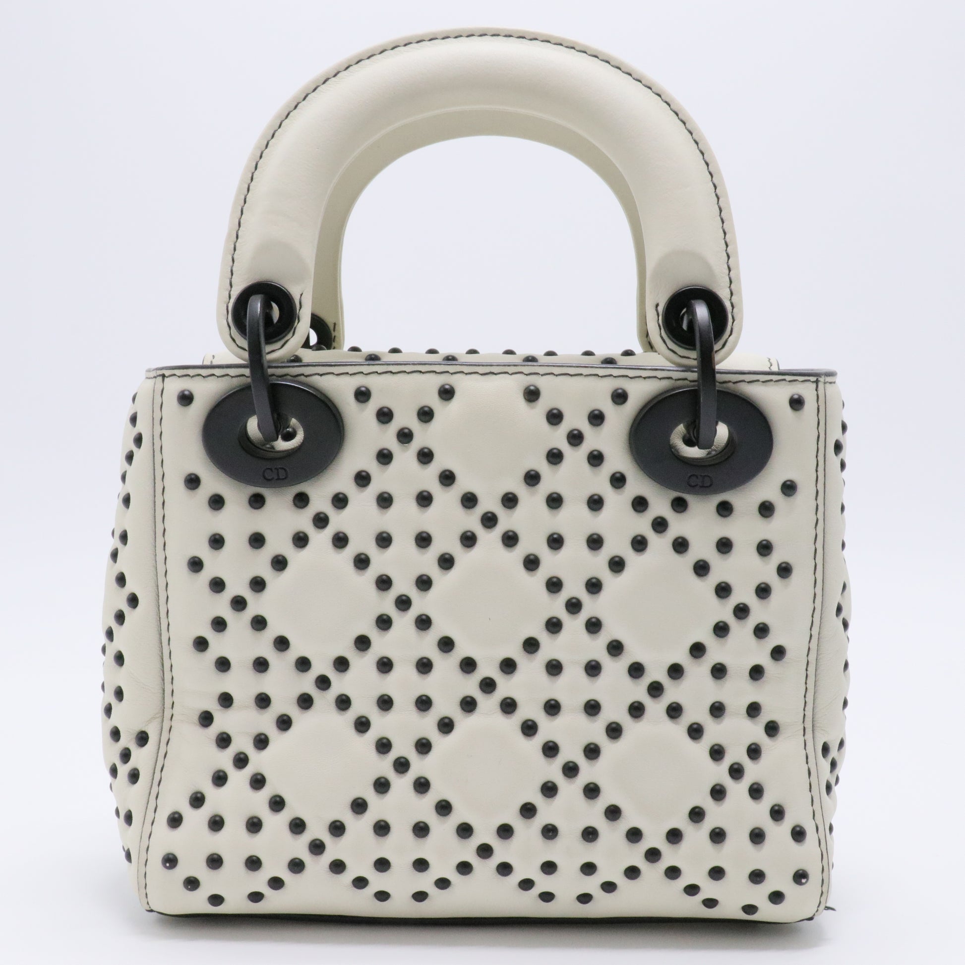 White Leather Studded Cannage Mini Lady Dior Tote