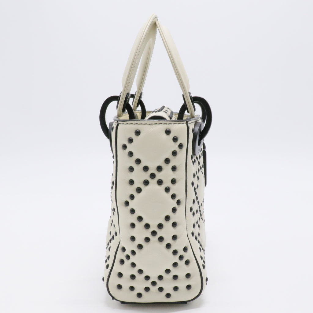 White Leather Studded Cannage Mini Lady Dior Tote