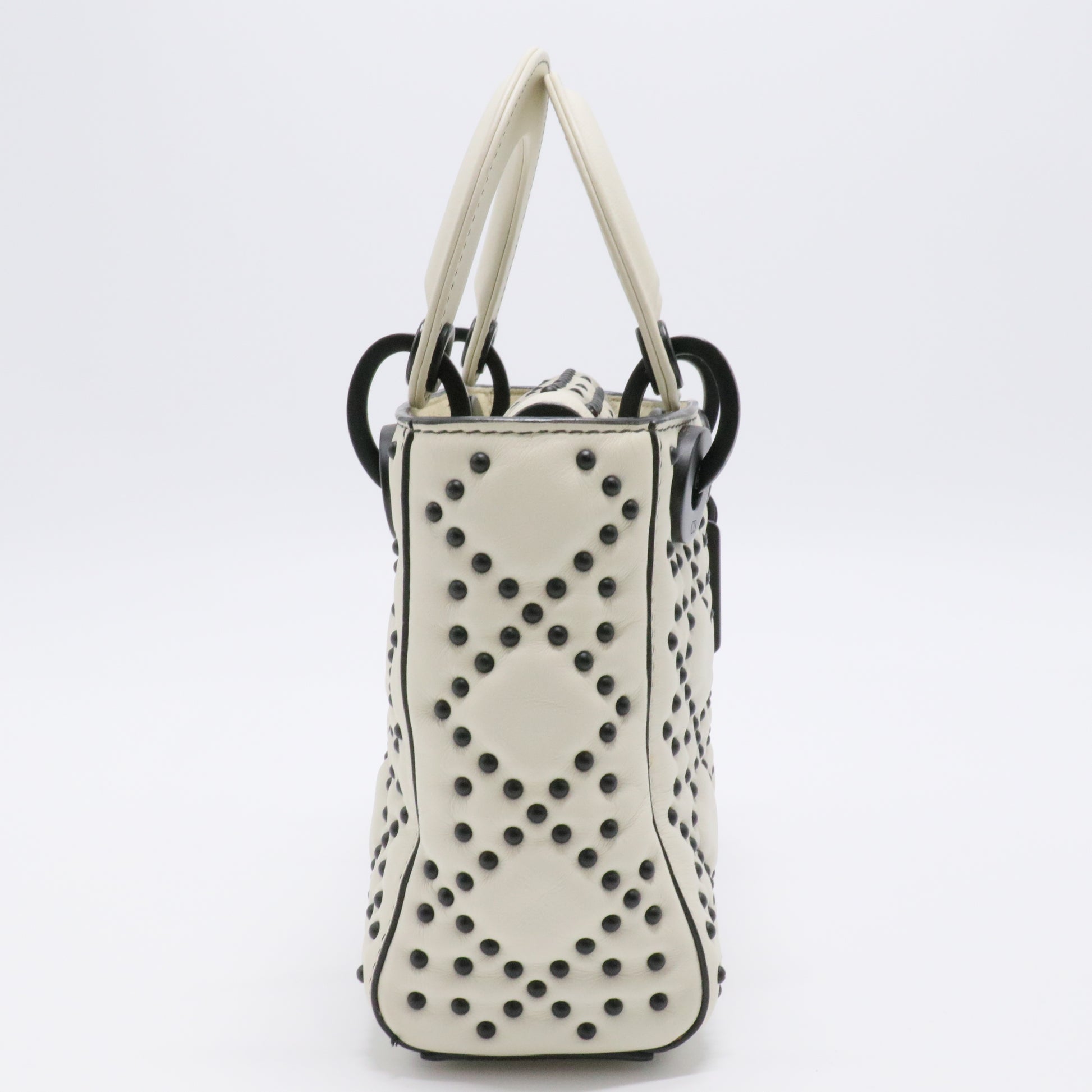 White Leather Studded Cannage Mini Lady Dior Tote