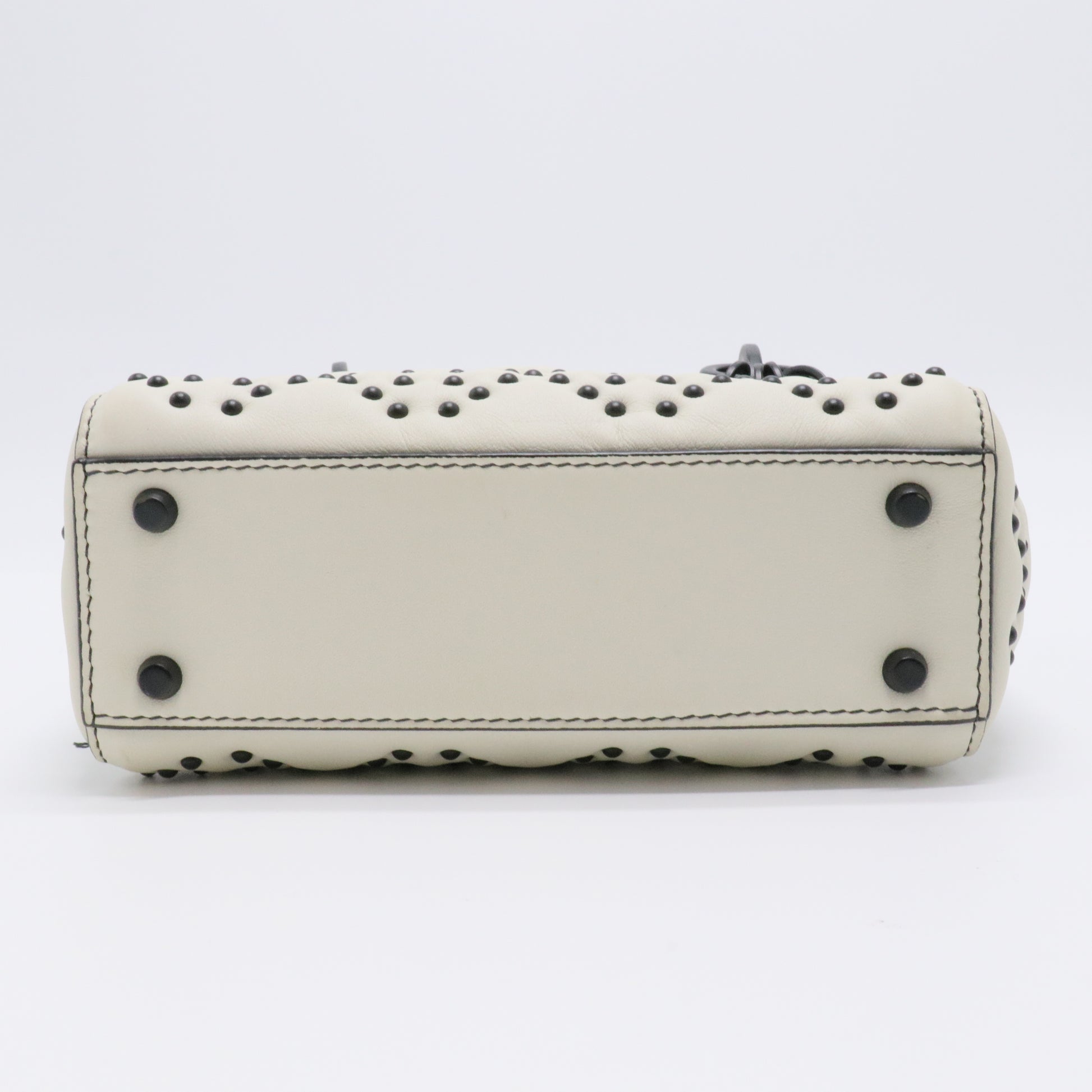 White Leather Studded Cannage Mini Lady Dior Tote