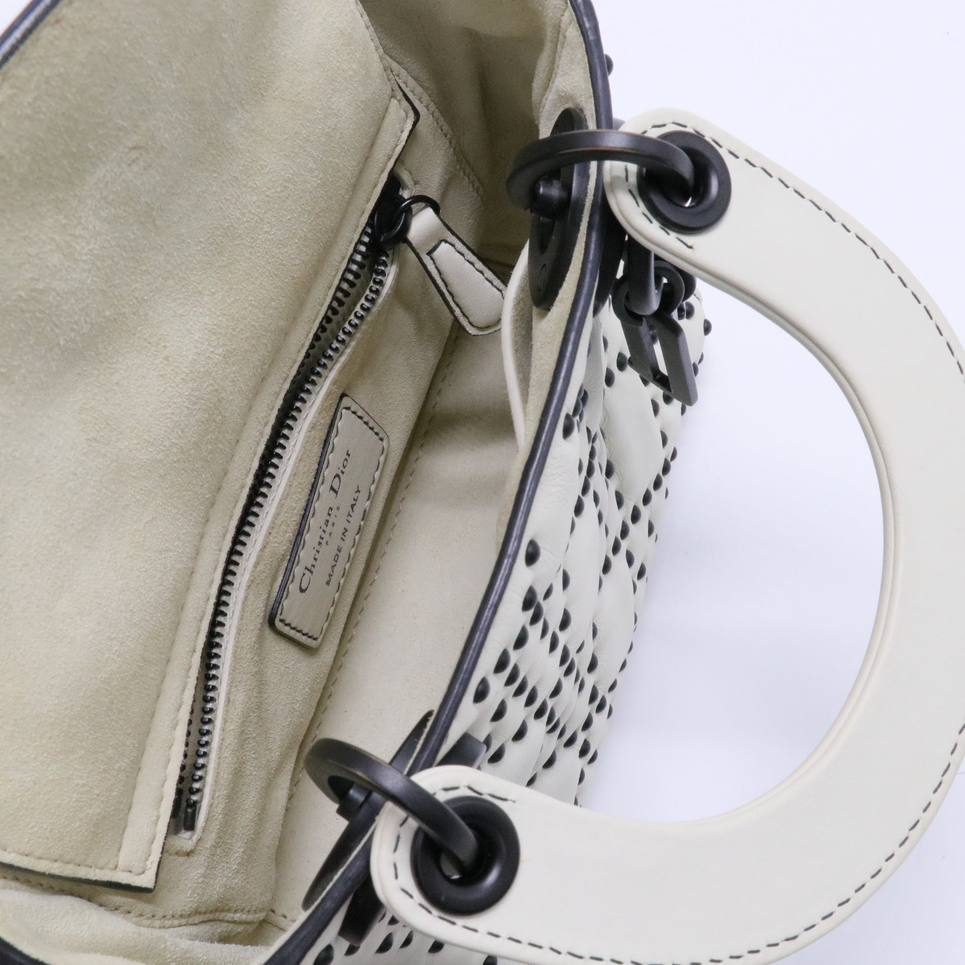 White Leather Studded Cannage Mini Lady Dior Tote