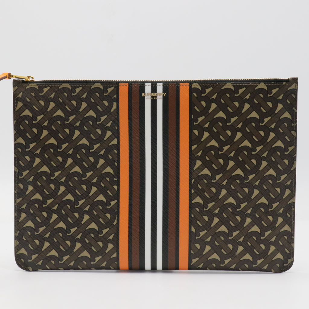 E-Canvas Monogram Stripe Zip Pouch Brown Orange