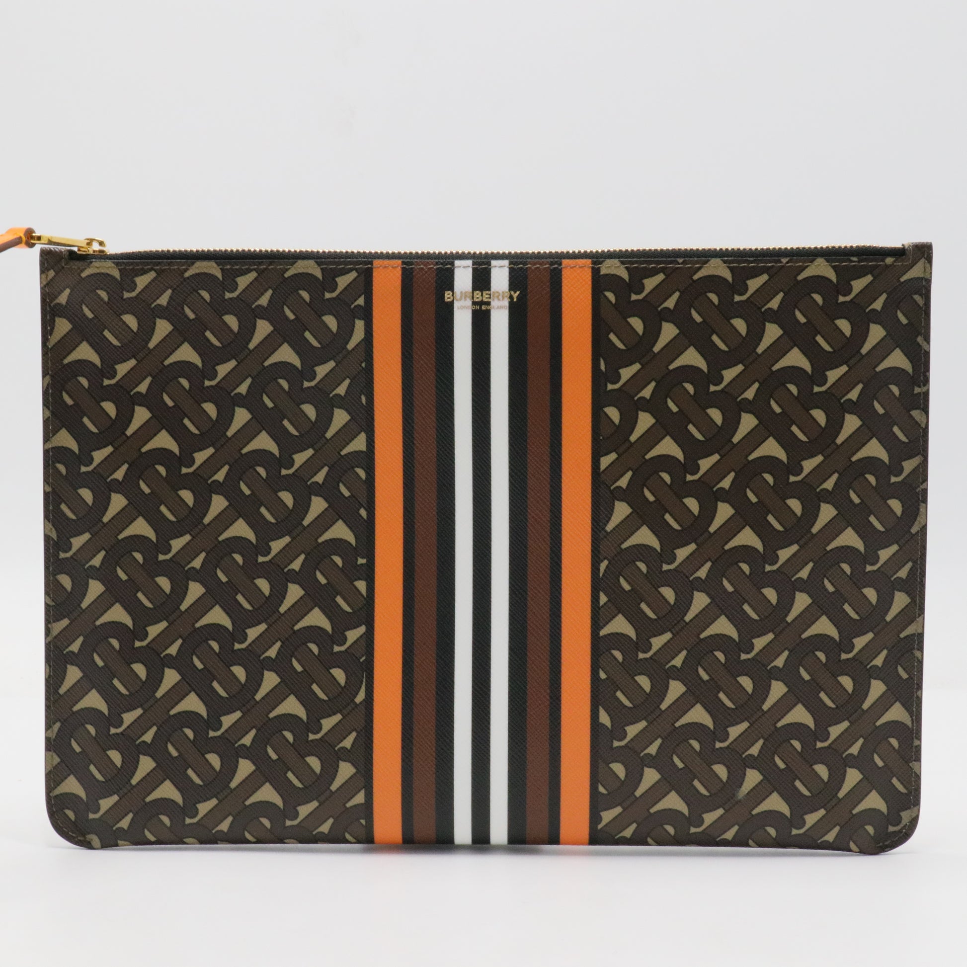 E-Canvas Monogram Stripe Zip Pouch Brown Orange