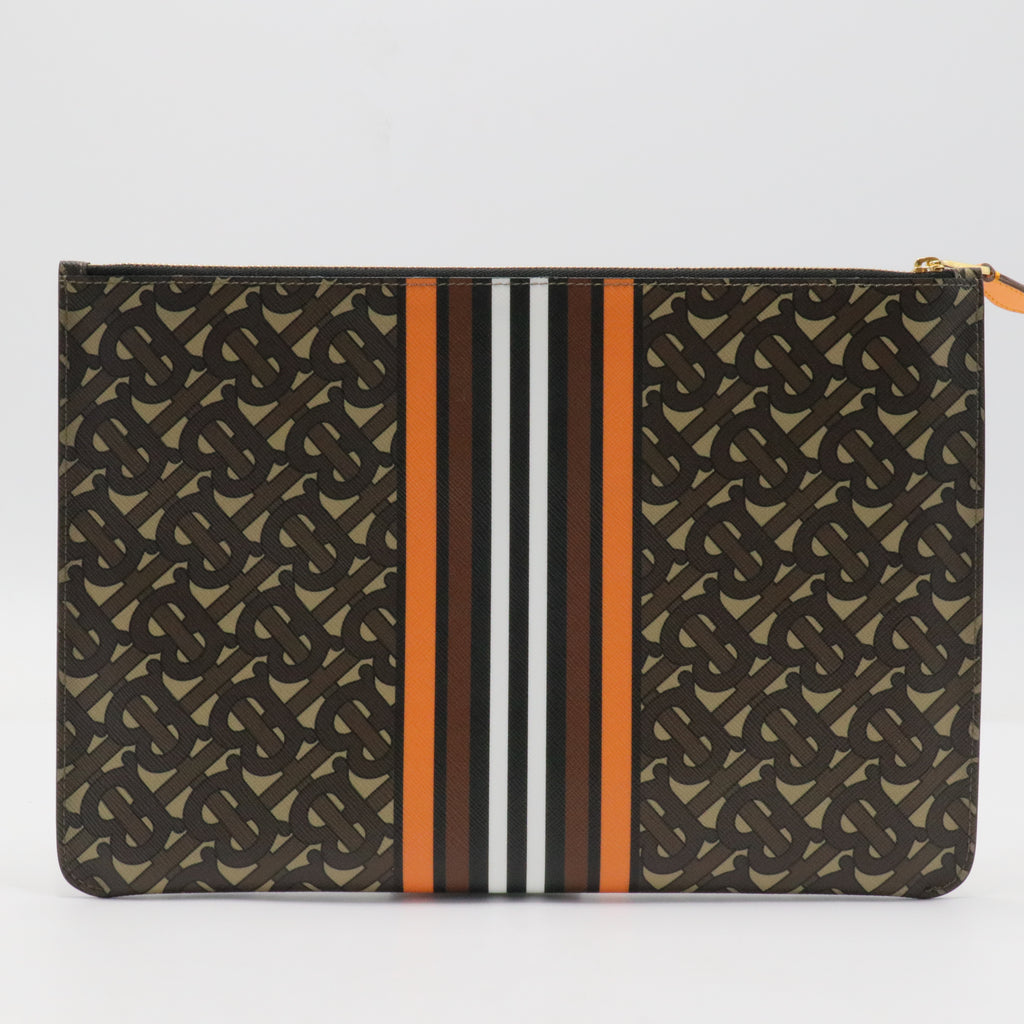 E-Canvas Monogram Stripe Zip Pouch Brown Orange
