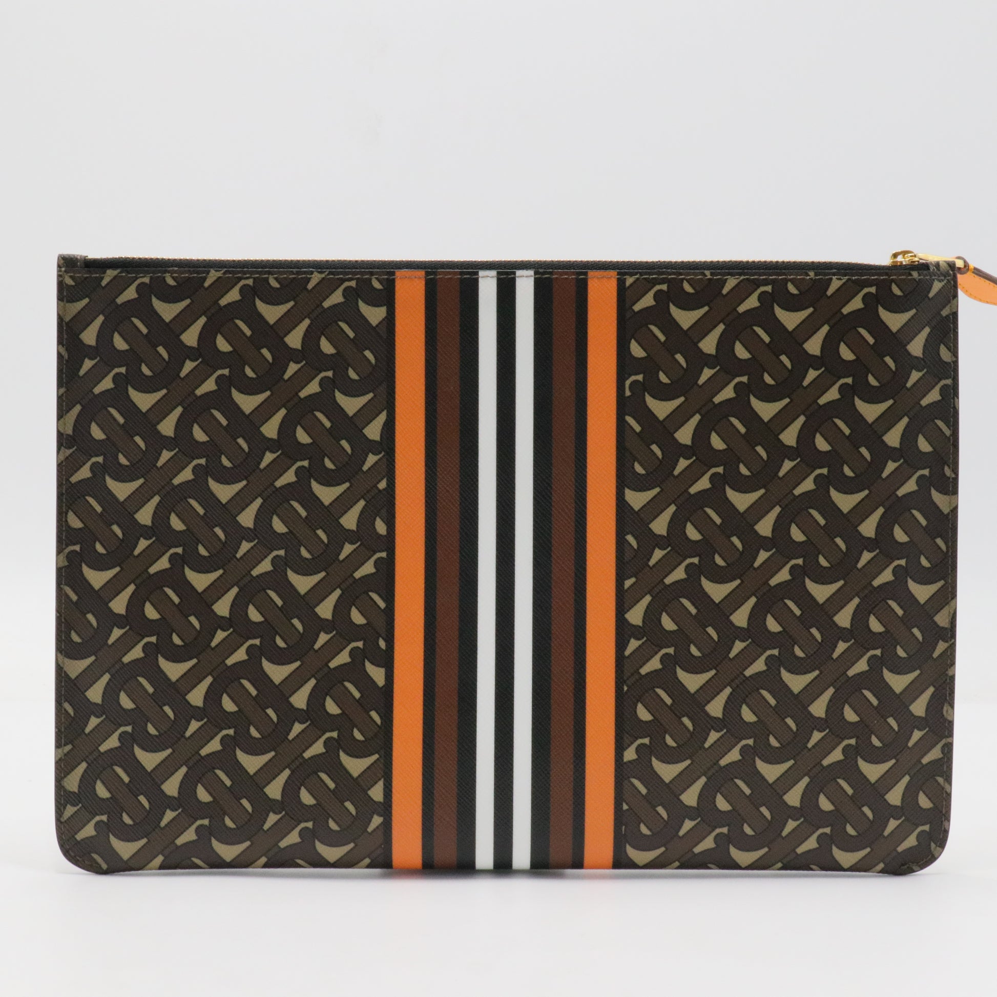 E-Canvas Monogram Stripe Zip Pouch Brown Orange