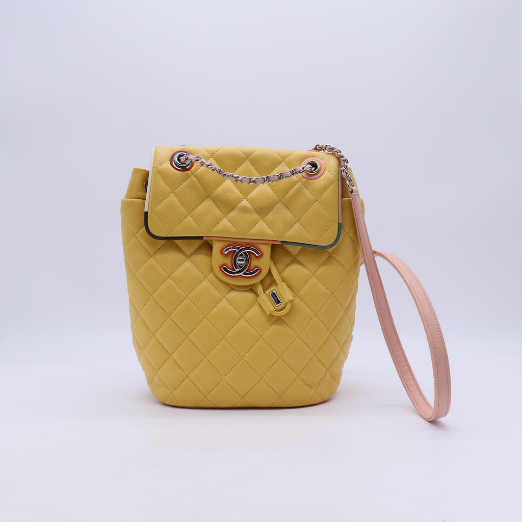 CHANEL Quilted Backpack in Silver Yellow Lambskin CC  B21940