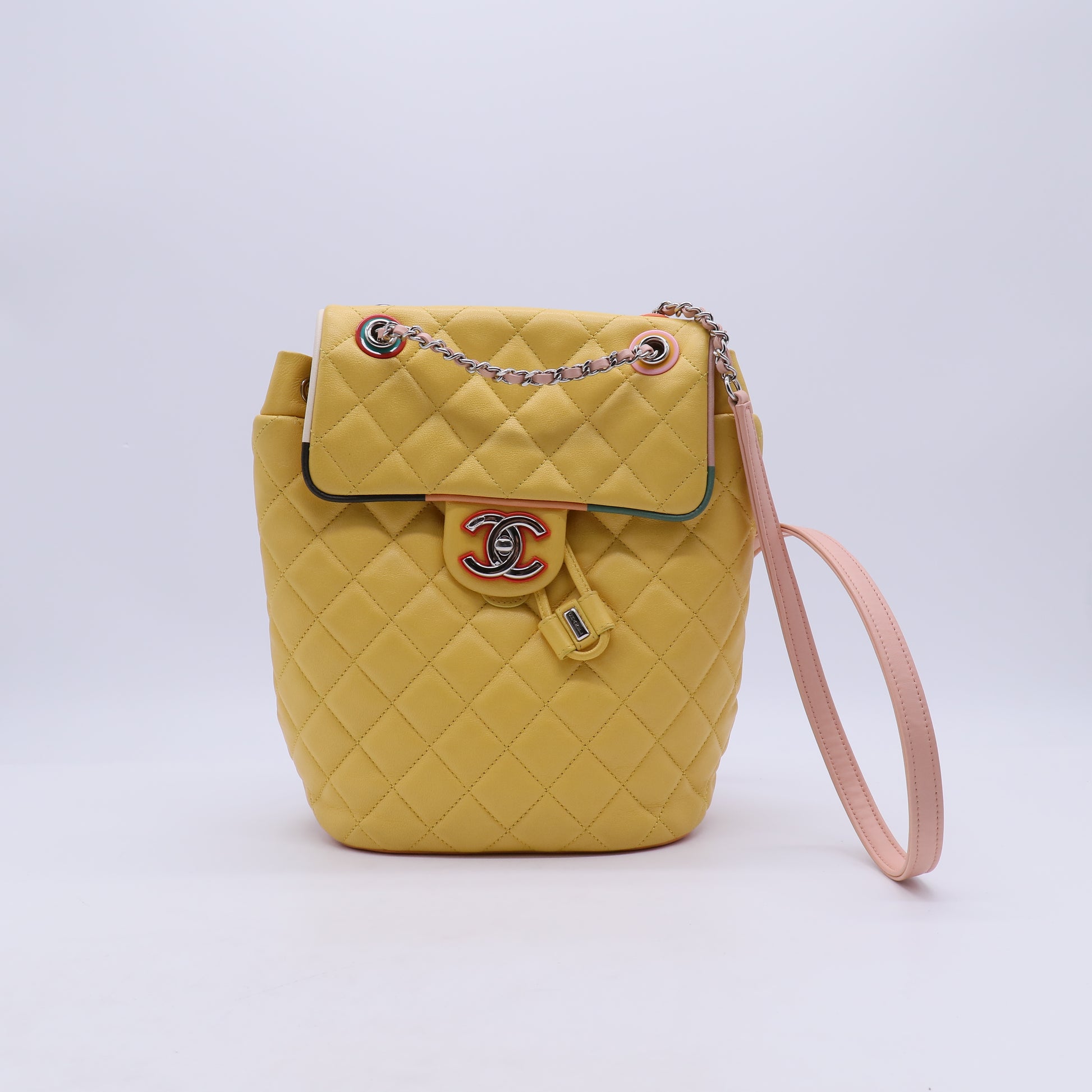 CHANEL Quilted Backpack in Silver Yellow Lambskin CC  B21940