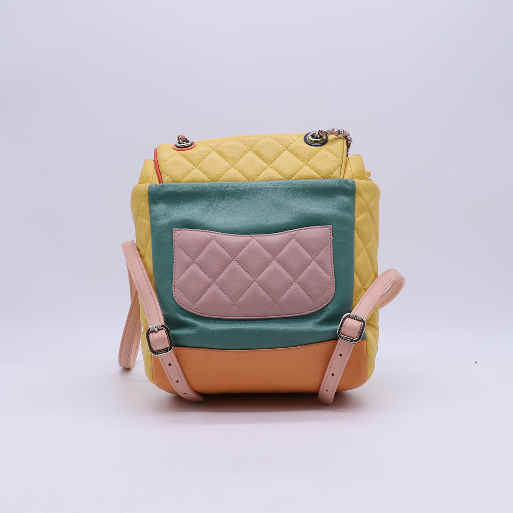 CHANEL Quilted Backpack in Silver Yellow Lambskin CC  B21940