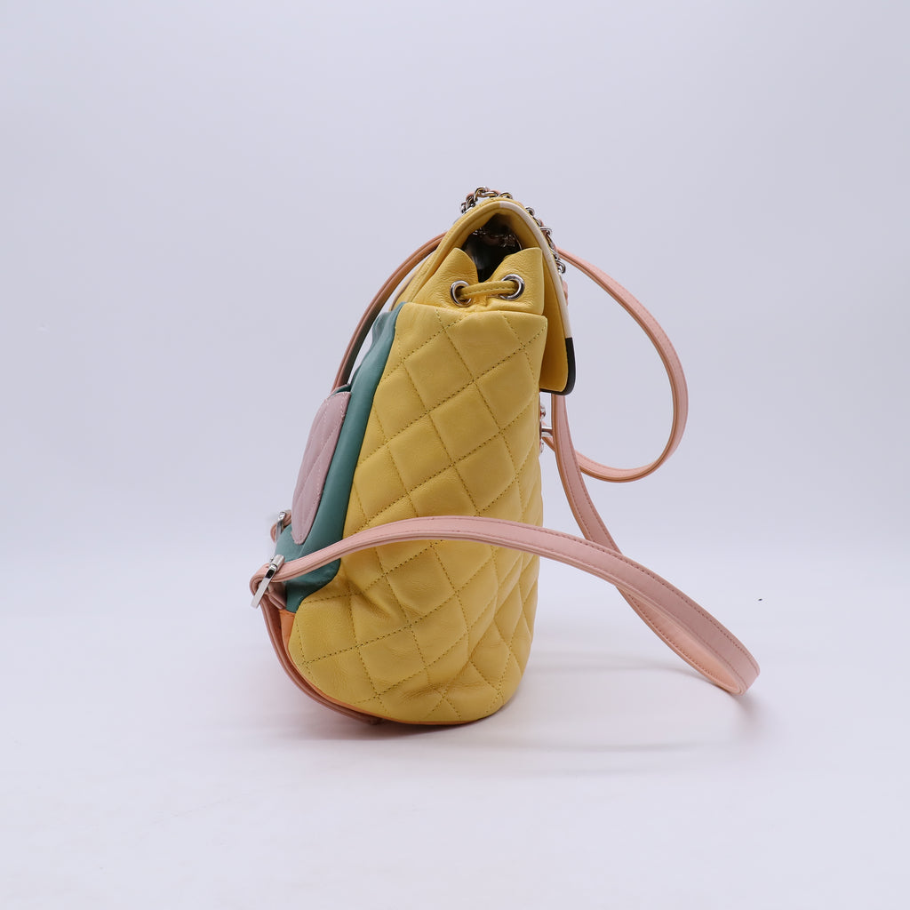 CHANEL Quilted Backpack in Silver Yellow Lambskin CC  B21940