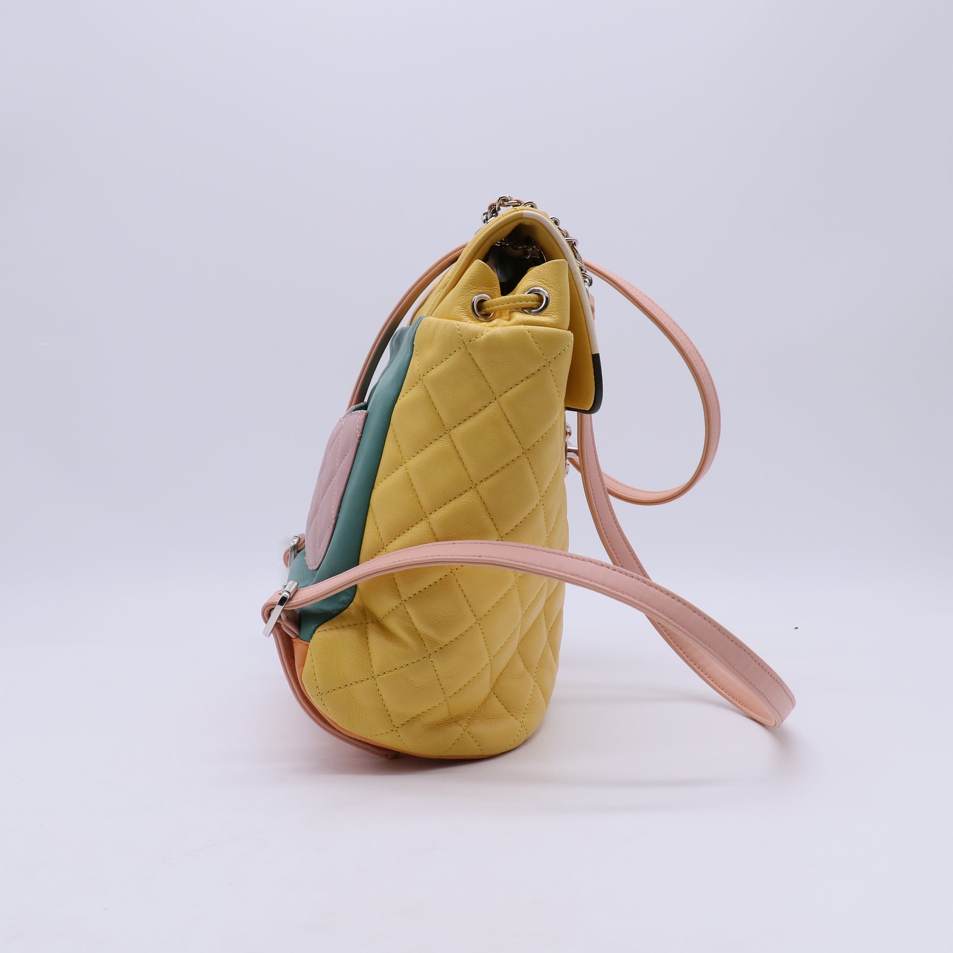 CHANEL Quilted Backpack in Silver Yellow Lambskin CC  B21940