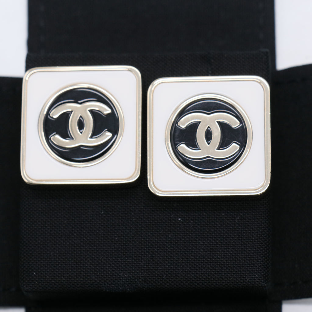 Black Enamel and Silver Metal CC Square Earrings W21235