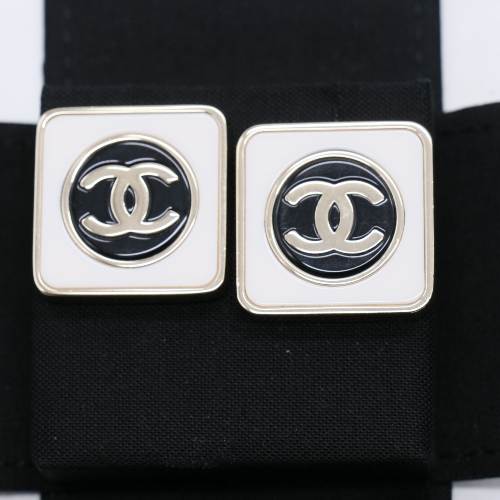 Black Enamel and Silver Metal CC Square Earrings W21235