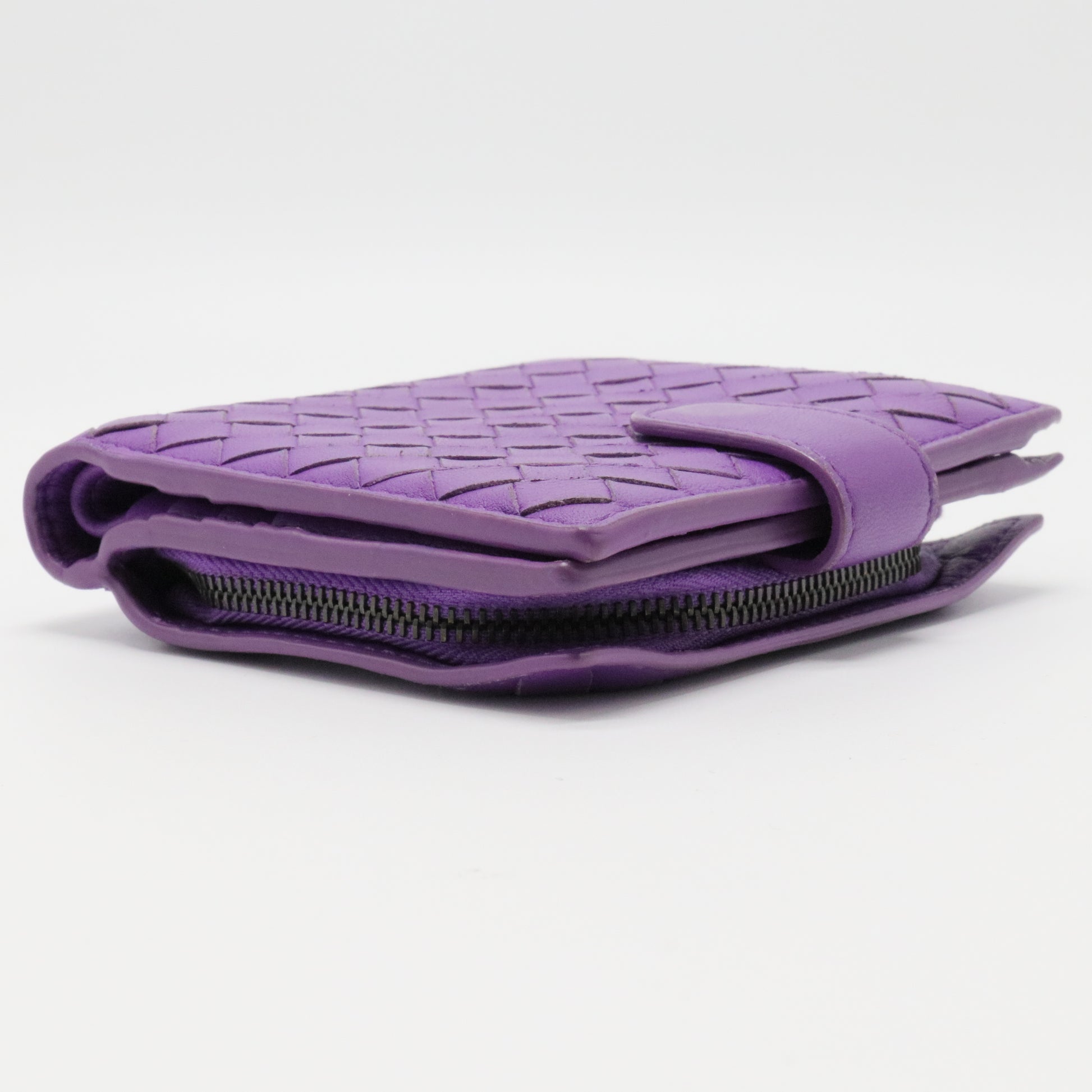 Purple Intrecciato Leather French Compact Wallet
