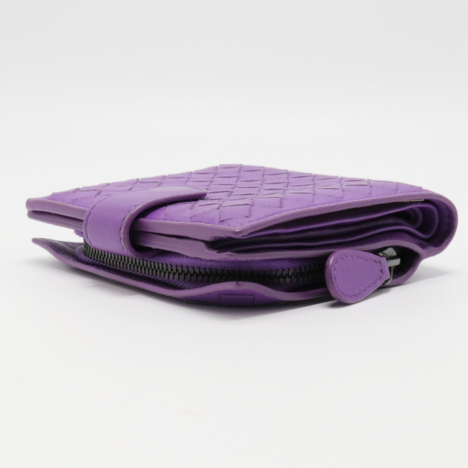 Purple Intrecciato Leather French Compact Wallet