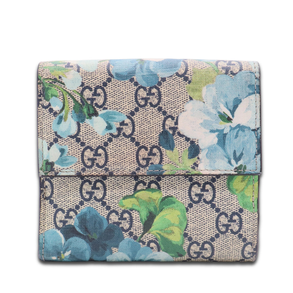 Beige/Blue GG Blooms Coated Canvas Card Case