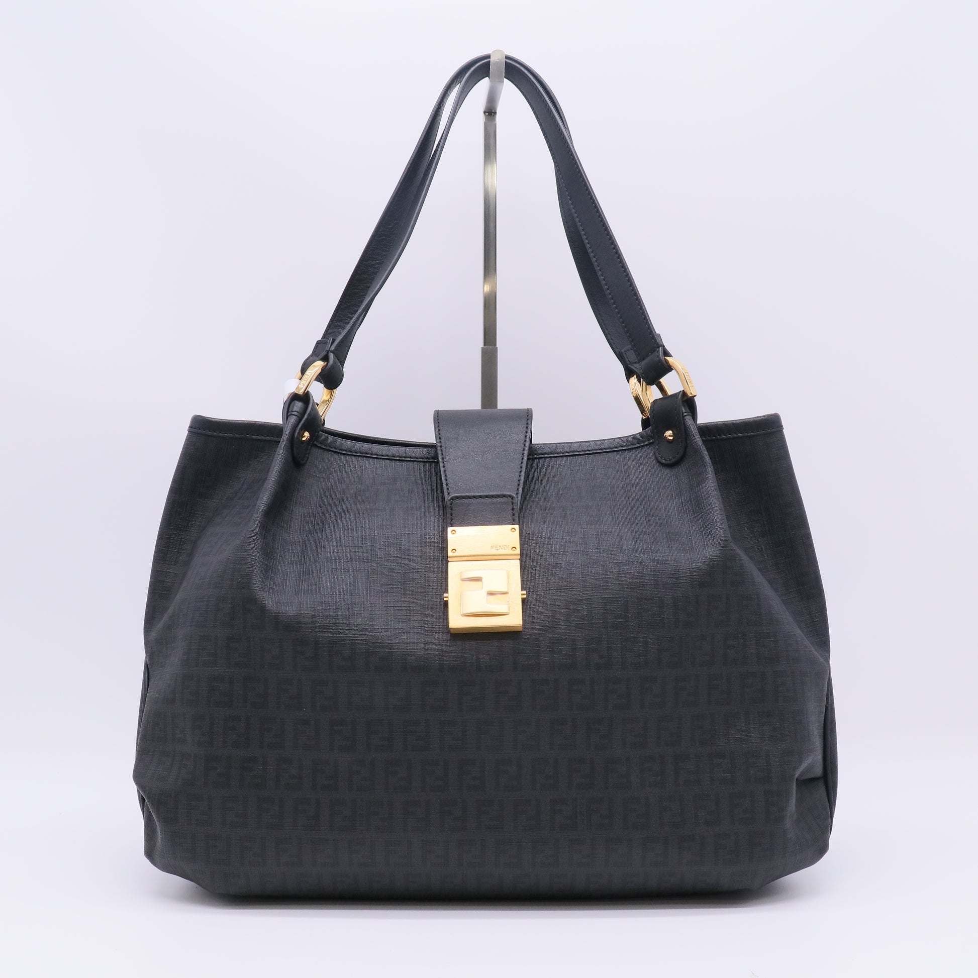 Fendi Black Zucchino Coated Canvas and Leather Chiusura Tote B23726