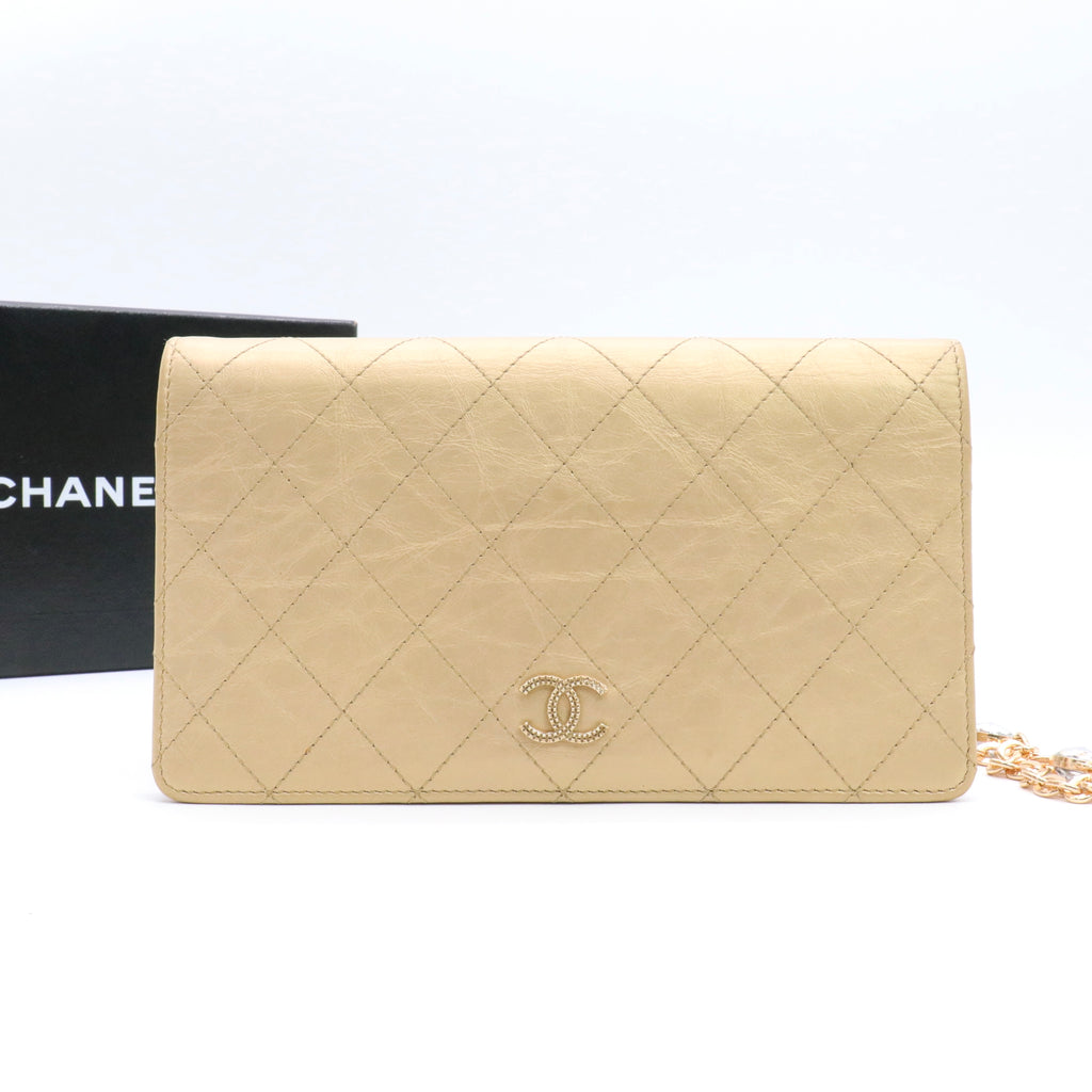 Metallic Calfskin Quilted Yen Wallet Gold Pink twins