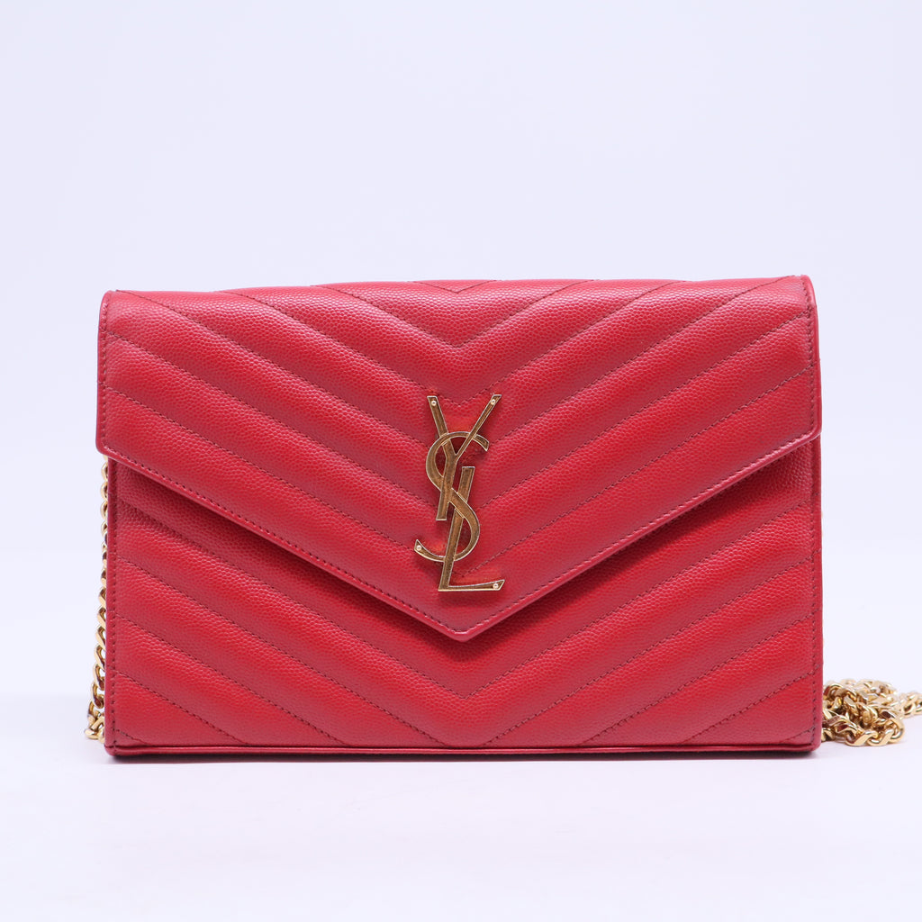 Grain De Poudre Matelasse Chevron Monogram Envelope Chain Wallet New Red