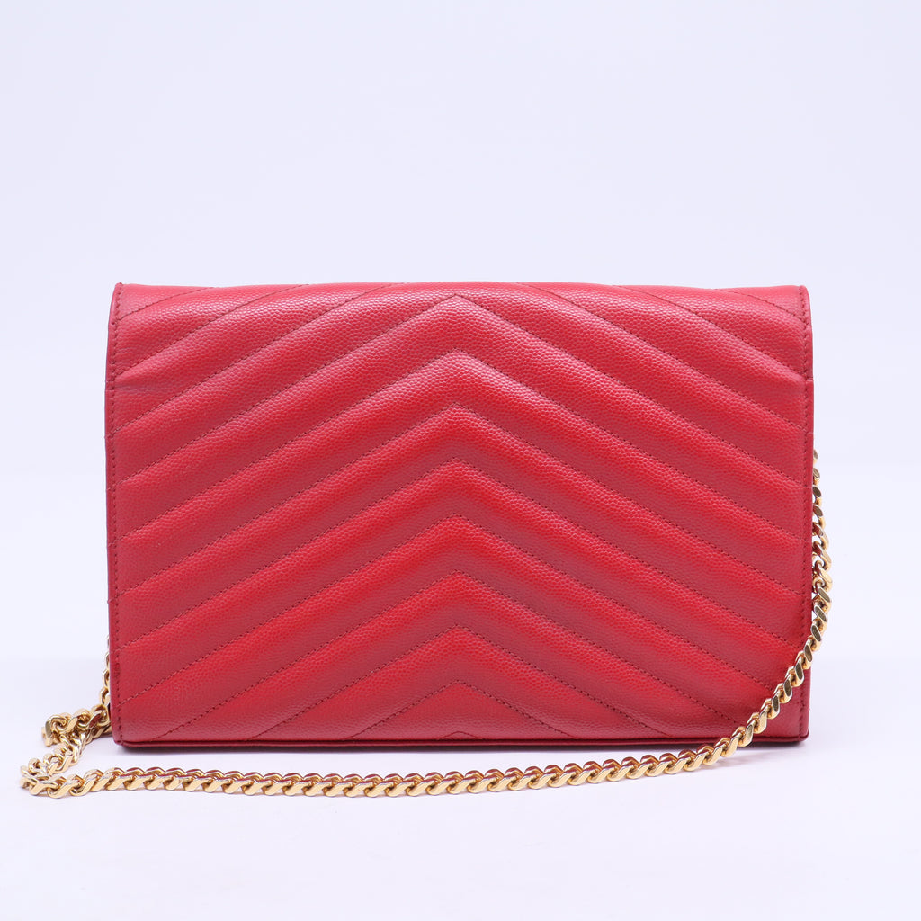Grain De Poudre Matelasse Chevron Monogram Envelope Chain Wallet New Red