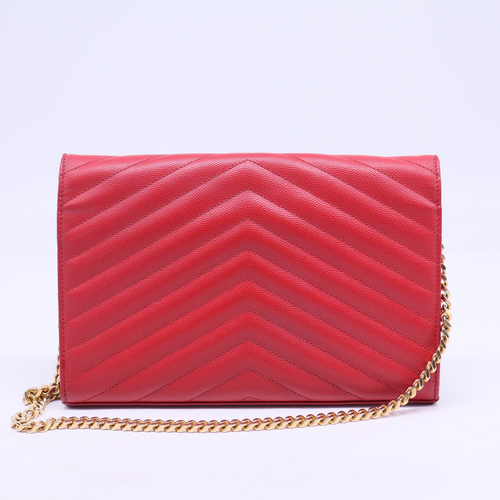 Grain De Poudre Matelasse Chevron Monogram Envelope Chain Wallet New Red