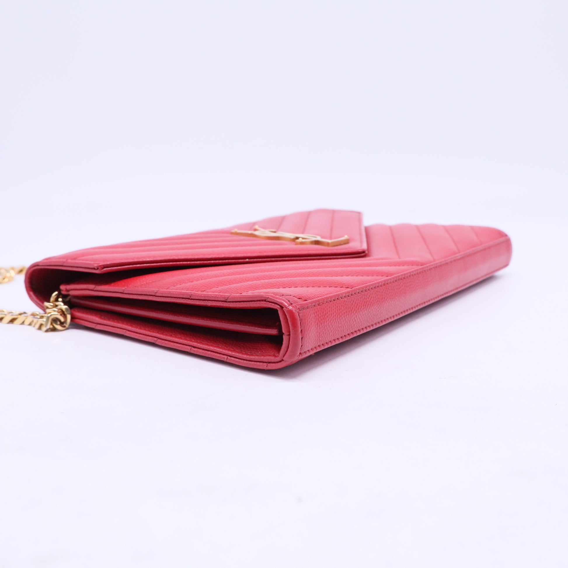 Grain De Poudre Matelasse Chevron Monogram Envelope Chain Wallet New Red