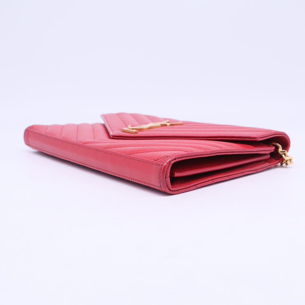 Grain De Poudre Matelasse Chevron Monogram Envelope Chain Wallet New Red