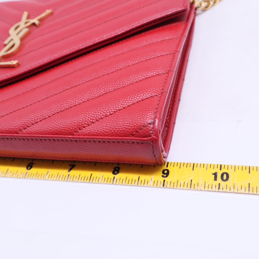 Grain De Poudre Matelasse Chevron Monogram Envelope Chain Wallet New Red