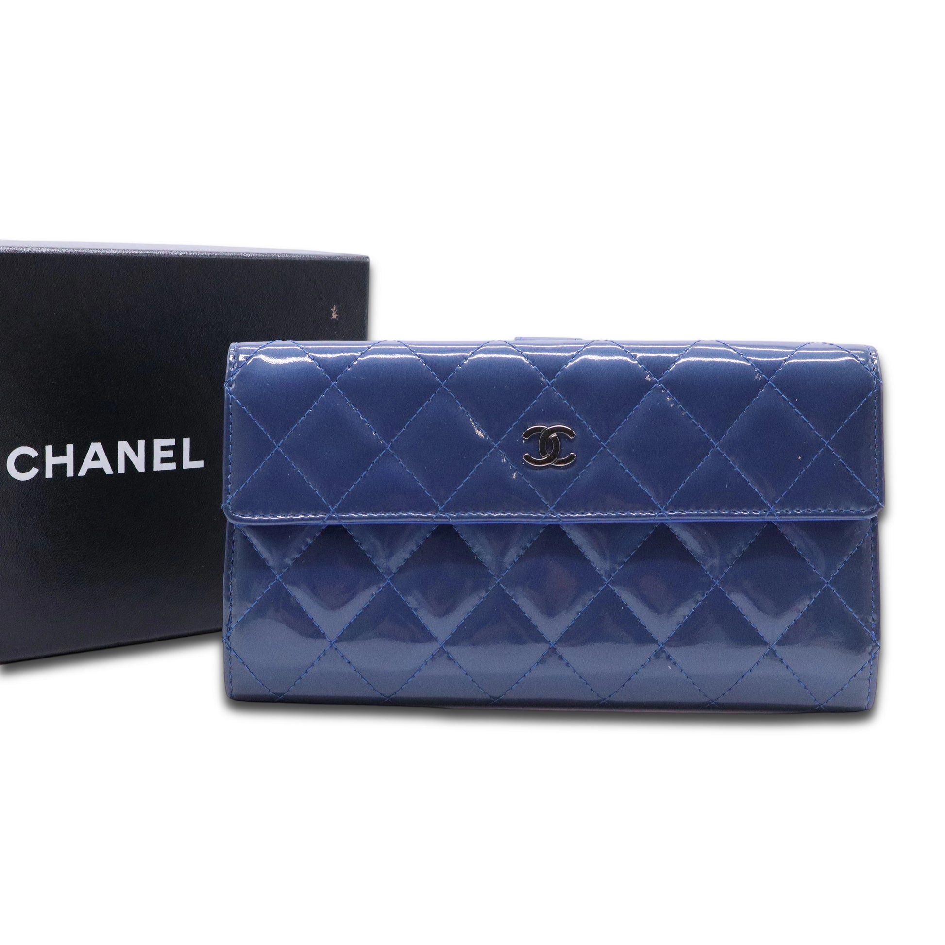 Blue Quilted Patent Leather Brilliant Long Wallet