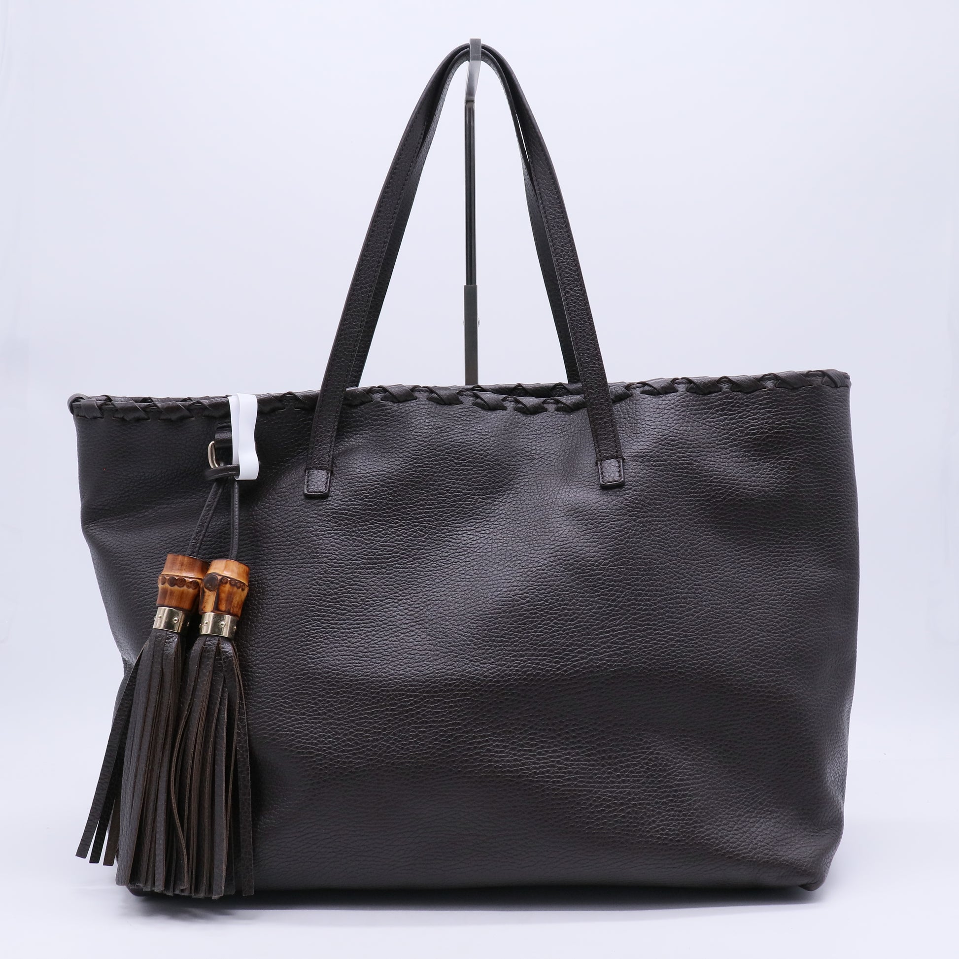 Pebbled Calfskin Bamboo Tassel Tote Dark Brown B21264
